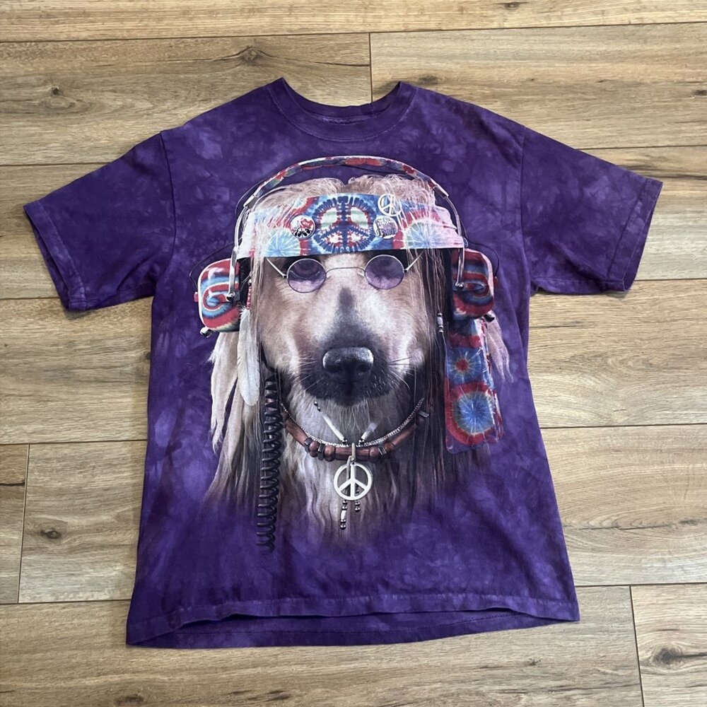 The Mountain Hippie Dog T Shirt Adult SZ MEDIUM Purple Tie Dye Peace Love